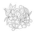 Cute floral black and white arrangement. Contour bouquet of flowers, leaves and twigs, decorative floral elements on a white