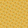 Cute floral fabric pattern with simple modest white - blue flowers flat lays on yellow background