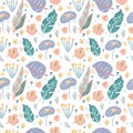 Cute floral leavs doodle hand drawn flat seamless pattern. Cartoon abstract in scandinavian style. Wild rainforest animal. Grass Royalty Free Stock Photo