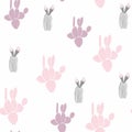 Cute floral pattern of abstract pink cacti. Seamless grey texture. Colored cute cacti. White background.