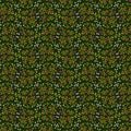 Cute floral pattern of bright summer small mixed flowers and green leaves flat lay on dark green background