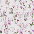 Cute floral pattern with small pink flowers of orchids, violets, roses and buds on a light background. Seamless vector Royalty Free Stock Photo