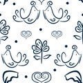 Cute floral seamless pattern with birds, flowers and hearts drawn by hand. Sketch, doodle. Royalty Free Stock Photo