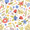 Cute floral seamless pattern with blooming spring plants on white background. Backdrop with motley meadow flowers and Royalty Free Stock Photo