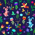 Cute floral seamless pattern with bunnies, birds and flowers Royalty Free Stock Photo