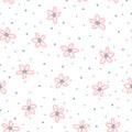 Cute floral seamless pattern for children. Repeated flowers drawn by hand with rough brush and polka dot.