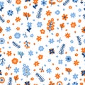 Cute floral seamless pattern with flowers and berries. Colored hand drawn background. Scandinavian style for your design Royalty Free Stock Photo