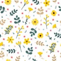 Cute floral seamless pattern with flowers and branches. Royalty Free Stock Photo