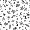 Cute floral seamless pattern with hand drawn black elements. Scandinavian style. Doodle flowers Royalty Free Stock Photo