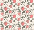 Cute floral seamless pattern. Hand drawn doodle decorative illustration, cherry, leaves, pink, green color palette Royalty Free Stock Photo