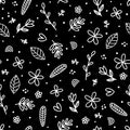Cute floral seamless pattern with hand drawn elements on black background. Scandinavian style. Doodle flowers Royalty Free Stock Photo