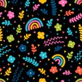 Cute floral seamless pattern with hand drawn elements. Rainbow, flowers. Scandinavian style. Spring time Royalty Free Stock Photo