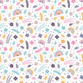 Cute floral seamless pattern with hand drawn elements. Spring. Rainbow, flowers. Scandinavian style Royalty Free Stock Photo