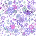 Cute floral seamless pattern with pink and blue birds and hearts. Decorative ornament backdrop for fabric, textile, wrapping paper Royalty Free Stock Photo