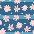 Cute floral seamless pattern. Pink flowers on striped blue background. Royalty Free Stock Photo