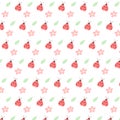 Cute floral seamless pattern print with doodle ladybug, flower and leaf. Vector seamless pattern in flat style on white background Royalty Free Stock Photo