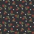 Cute floral seamless pattern of red berries with leaves on black color background Royalty Free Stock Photo