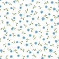 Cute floral seamless pattern. Repeated small blue flowers and green leaves on white background.