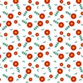 Cute Floral seamless pattern. small red flowers and green leaves. white background. Design for fabric,fashion,print,product,tiles, Royalty Free Stock Photo