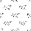 Cute floral seamless pattern with thin line black doodle flowers on white background. Royalty Free Stock Photo