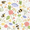 Cute floral summer seamless pattern Bee honey spring flowers Bright meadow colors Summer background Vector Royalty Free Stock Photo