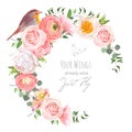 Cute floral vector round frame with ranunculus, peony, rose, green plants