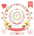 Cute floral wreath set,Vintage doodles elements.eps