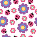 Cute flower and ladybug seamless vector pattern