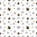 Cute flower pattern with yellow bugs on white background for the design of textiles, child clothing, wrapping paper. Royalty Free Stock Photo