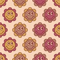 Cute flower power seamless pattern. Decorative retro minimal style smiley floral background. Royalty Free Stock Photo