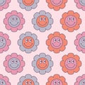 Cute flower power seamless pattern. Decorative retro minimal style smiling plants floral background. Royalty Free Stock Photo