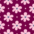 Cute flowers with hearts and round dots. Cute floral seamless pattern.
