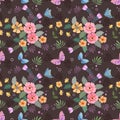 Cute flowers and leaf with butterfly on deep purple background seamless pattern.