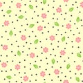 Cute flowers, leaves and round dots. Floral seamless pattern. Royalty Free Stock Photo