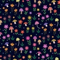Cute Flowers And Mushrooms Seamless Pattern In Orange, Red, Pink ,yellow With Ditsy And Grass On Dark Background.