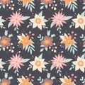 Cute flowers in pastel colors on dark background, vector seamless pattern Royalty Free Stock Photo