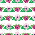 Cute flowers in pink purple seamless pattern on polka dots Royalty Free Stock Photo