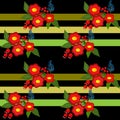 Cute flowers seamless pattern on black striped background Royalty Free Stock Photo