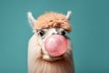 Cute fluffy alpaca blowing bubble gum Generative AI Royalty Free Stock Photo