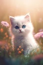 cute fluffy baby white kitten, little wildflowers, pastel rainbow atmosphere