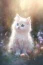 cute fluffy baby white kitten, little wildflowers, pastel rainbow atmosphere