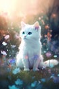 cute fluffy baby white kitten, little wildflowers, pastel rainbow atmosphere