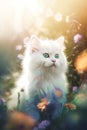 cute fluffy baby white kitten, little wildflowers, pastel rainbow atmosphere