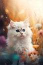 cute fluffy baby white kitten, little wildflowers, pastel rainbow atmosphere