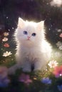 cute fluffy baby white kitten, little wildflowers, pastel rainbow atmosphere