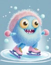 Cute fluffy ball monster ice skating