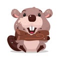 Cute fluffy beaver gnawing wood semi flat color vector character