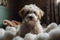 Cute fluffy bobtail puppy takes a bath filled with foam, a kawaii dog with fluffy fur sits in a bathtub