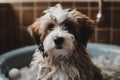 Cute fluffy bobtail puppy takes a bath filled with foam, a kawaii dog with fluffy fur sits in a bathtub