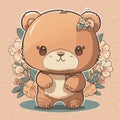 Cute and fluffy brown bear against a background of flowers. Vector illustration